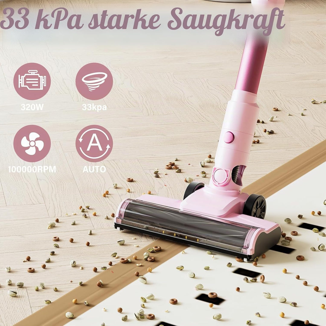 Stanew Akku Staubsauger Faltbar, 33Kpa Kabelloser Staubsauger, 320W Cordless Vacuum Cleaner Rosa, 40
