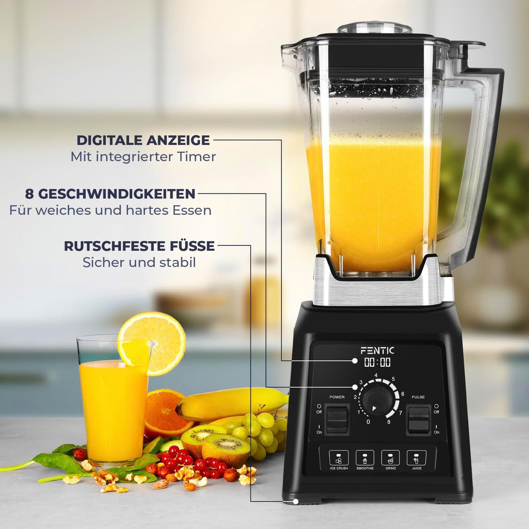 Blender – 2000W - Leistungsstarker Mixer - 2 Liter - Smoothie Maker mit 8 Geschwindigkeiten und 4 Pr