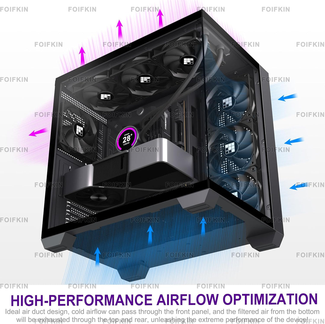 FOIFKIN PC Gehäuse - Vorinstallierte 3 PWM ohne RGB-Lüfter, ATX Mid-Tower Gaming PC Gehäuse, 270° Pa