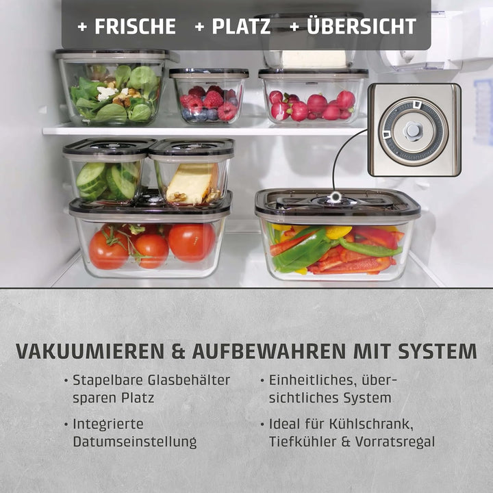 CASO Vacu OneTouch Eco-Set, Handvakuumierer inkl. 3 Vakuumbehälter aus Glas, 10 ZIP-Beutel und Food