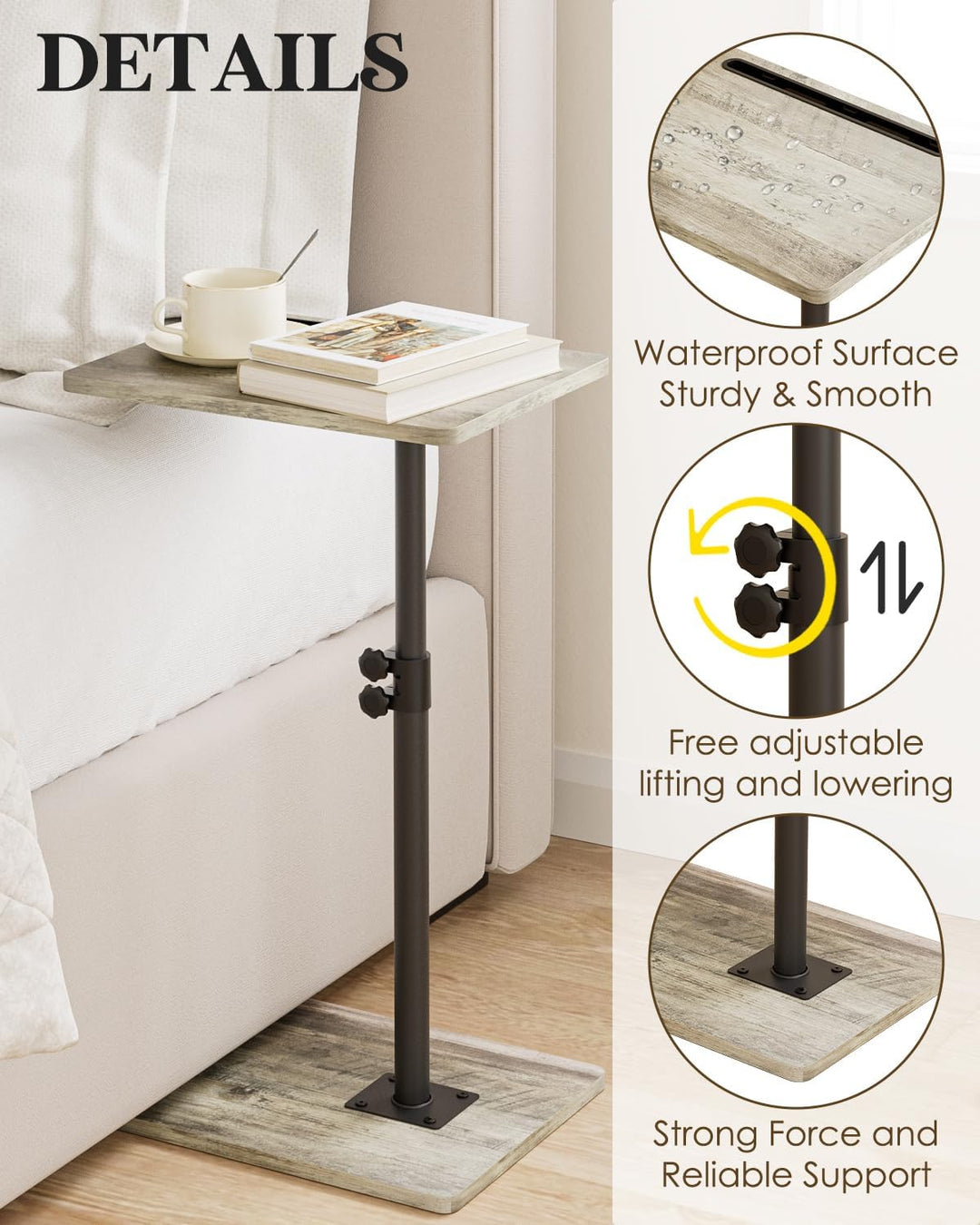 Beistelltisch C-Form, 360°Rotierend Couchtisch Klein, Höhenverstellbar Sofatisch,40x30x(45-81) cm,Ho