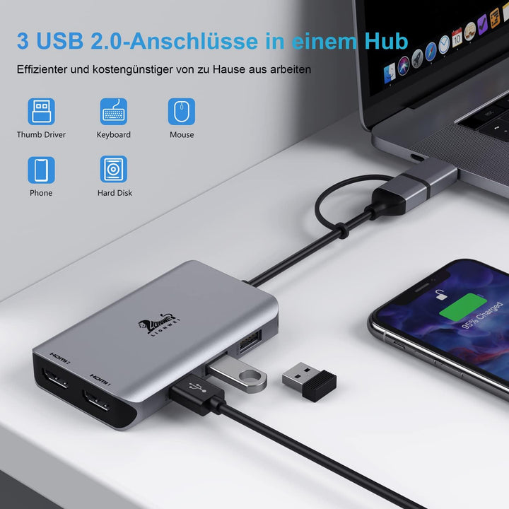 LIONWEI USB 3.0 Docking Station 2 HDMI USB C Hub Dual Monitor USB A auf Dual HDMI Adapter mit 3 USB