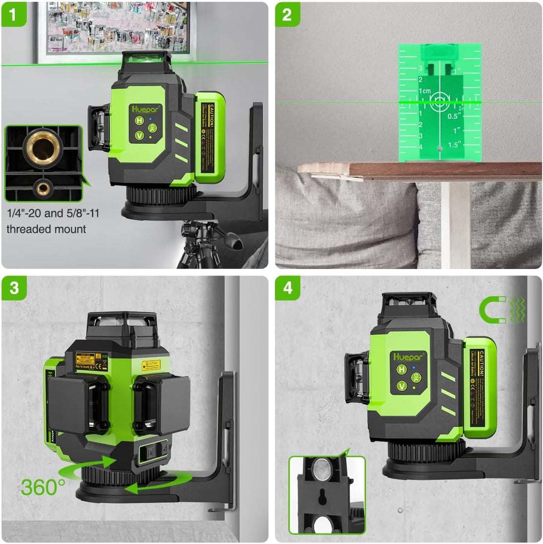 Huepar 3 x 360 Kreuzlinienlaser Lasernivellier 3D Grüner Strahl Drei-Ebenen-Nivellierung und Ausrich
