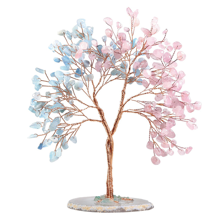 Nupuyai Rosenquarz & Aquamarin Kristallbaum mit Achat Stein Basis Feng Shui Edelstein Baum, Glücksba