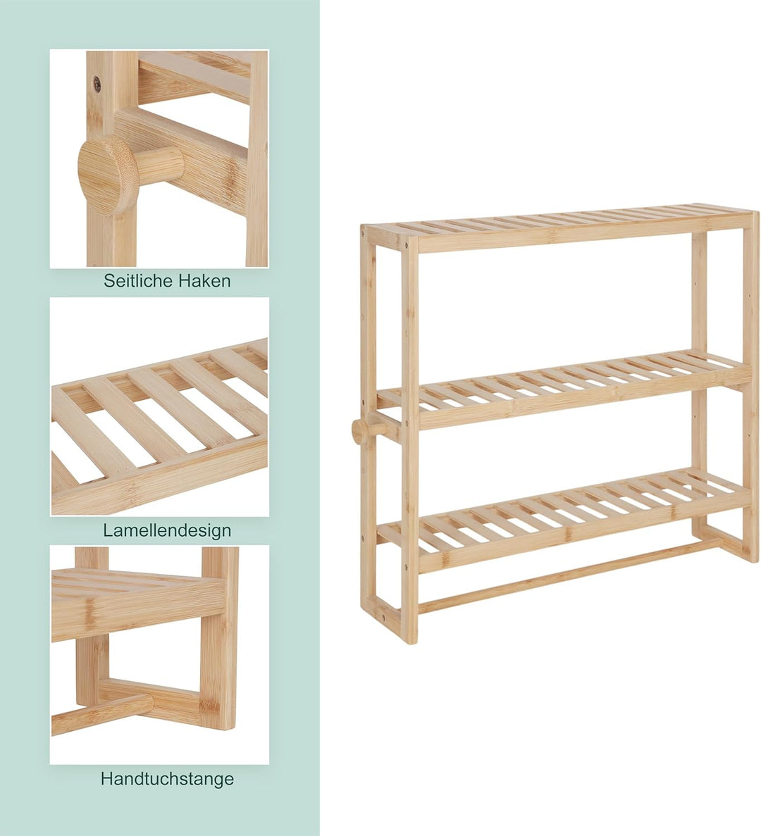 Relaxdays Wandregal Bad, HxBxT: 54 x 60 x 15 cm, Bambus, Handtuchstange, 2 Haken, schmales Schwebere
