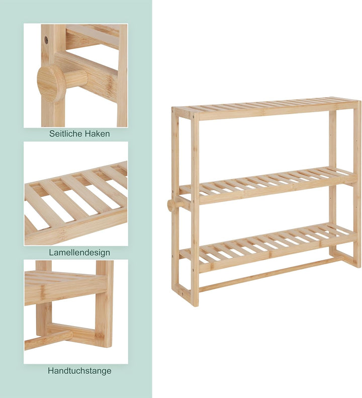 Relaxdays Wandregal Bad, HxBxT: 54 x 60 x 15 cm, Bambus, Handtuchstange, 2 Haken, schmales Schwebere