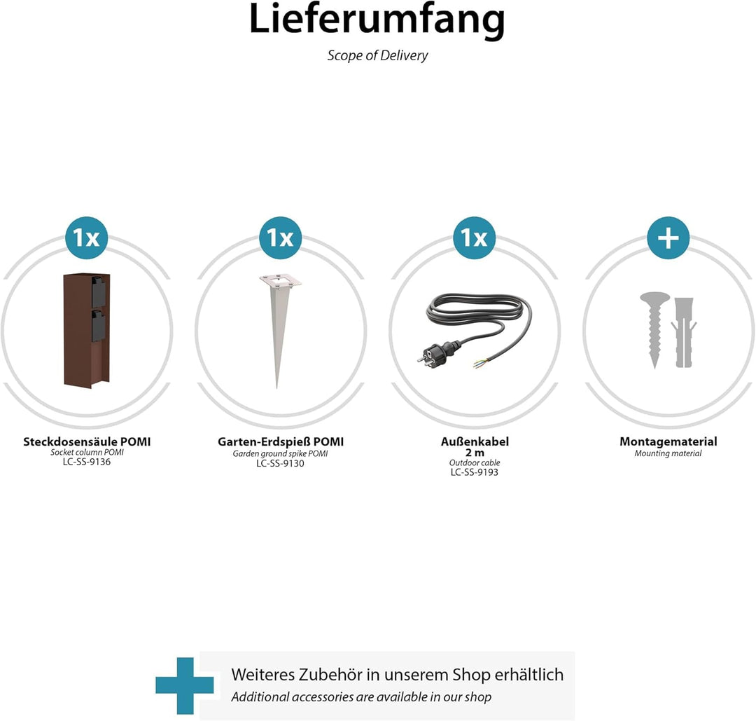 ledscom.de Garten-Steckdosen-Säule POMI mit Erdspiess und 2m Kabel für aussen, IP44, 2-Fach, braun,