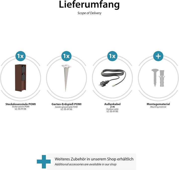 ledscom.de Garten-Steckdosen-Säule POMI mit Erdspiess und 2m Kabel für aussen, IP44, 2-Fach, braun,