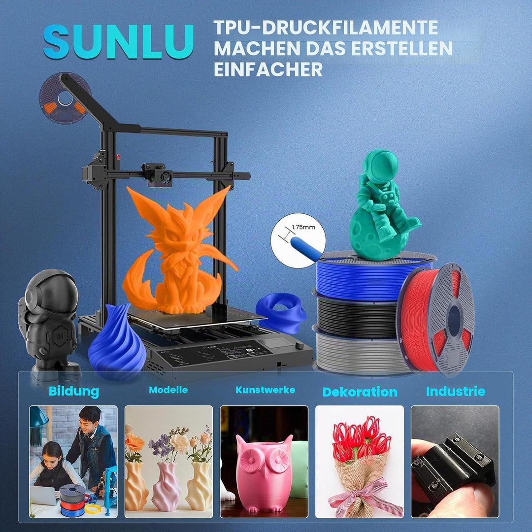 SUNLU TPU 3D Drucker Filament, 1KG Hochgeschwindigkeits 95A TPU Filament 1.75mm, Flexibles 3D Filame