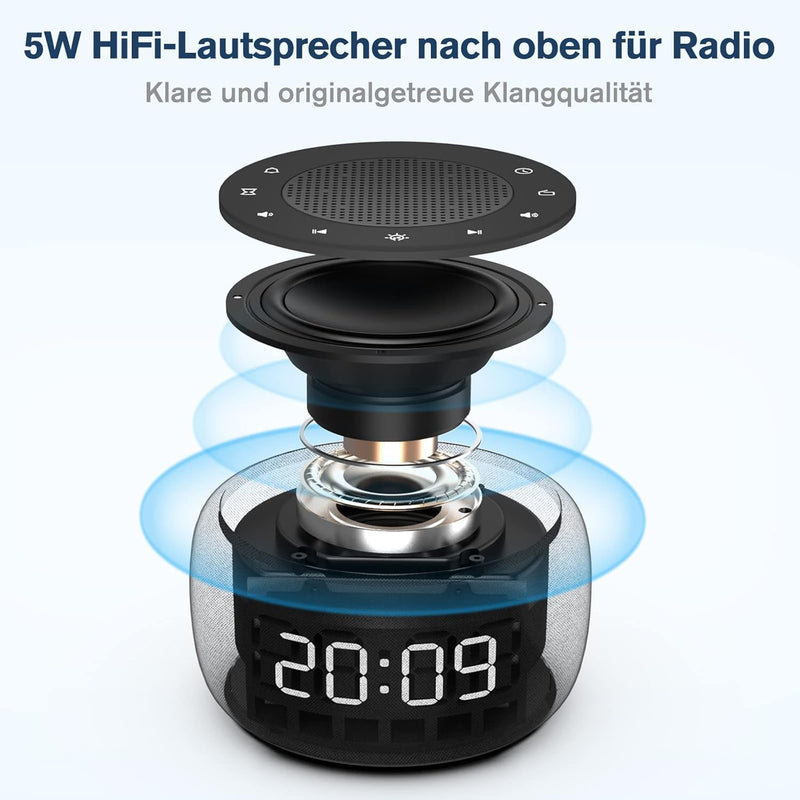 Buffbee Digitaler Radiowecker für das Schlafzimmer - 7-farbiges Nachtlicht, High-Fidelity-Klangquali