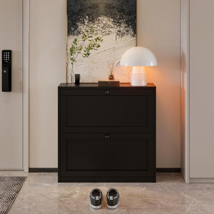 VOWNER Schuhschrank mit 2 Klappen, Schuhregal Schuhkipper Schmal, mit 4 Fächern, Schuhschrank Schwar
