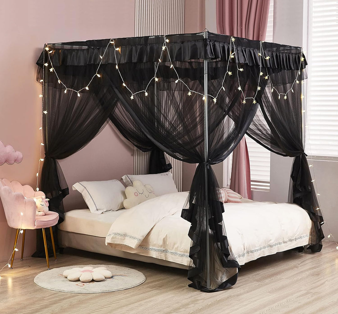 Mengersi Betthimmel, 4 Ecken, Bettvorhang, Netz, elegant, voll, schwarz, H199.4 x B134.6 cm (1er Pac