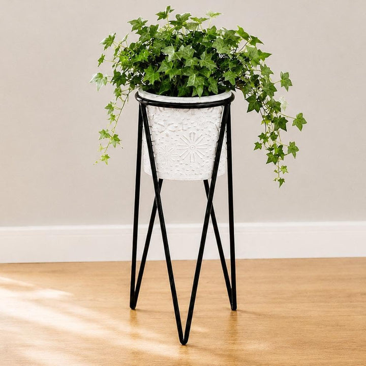 DanDiBo Blumenhocker mit Topf Metall Schwarz Weiss S 50 cm Blumenständer 96043 Blumensäule Modern Pf