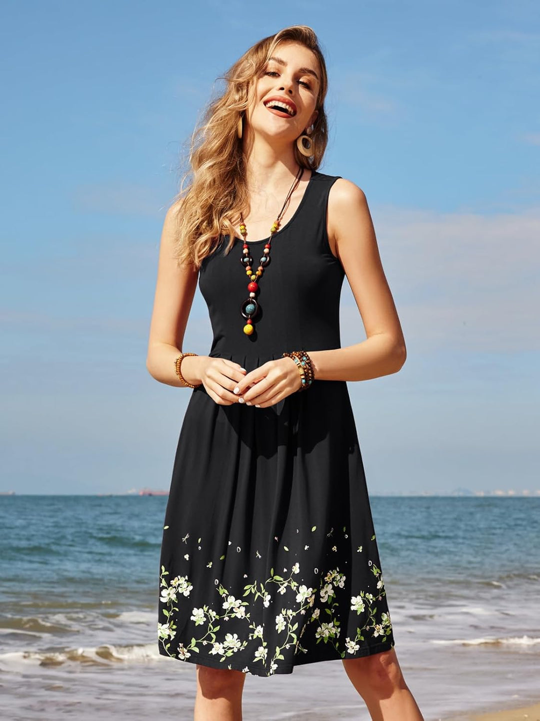 KILIG Sommerkleid Damen Strandkleid Midi Ärmellose Kleid Sommer Leicht Blumenkleid Freizeitkleid A1-