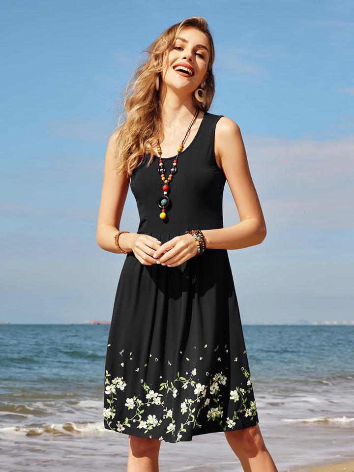 KILIG Sommerkleid Damen Strandkleid Midi Ärmellose Kleid Sommer Leicht Blumenkleid Freizeitkleid A1-