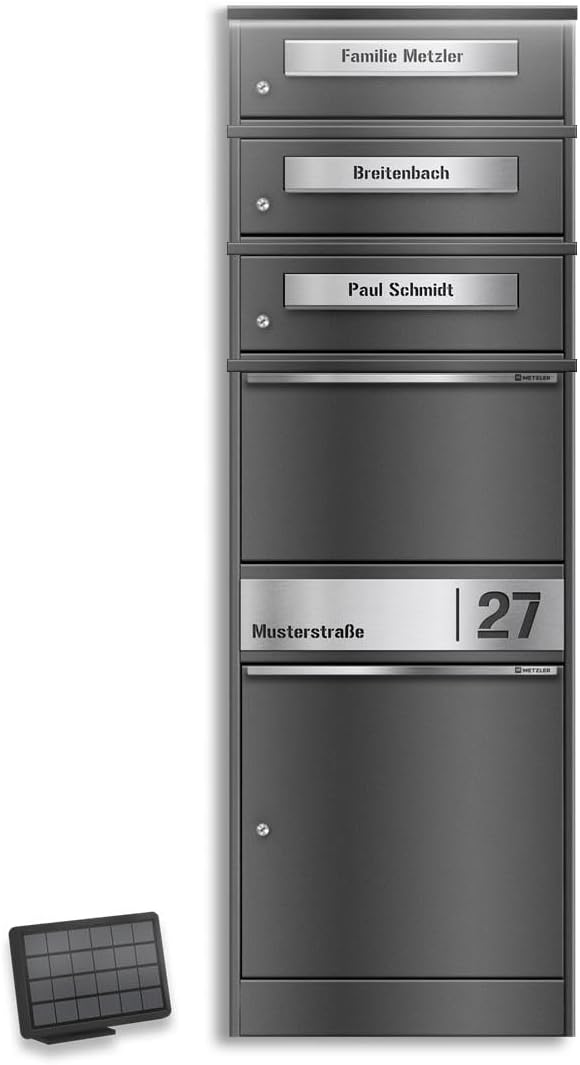 Metzler Paketbriefkasten mit LED-Solarbeleuchtung und Gravur in Eisenglimmer, abschliessbar und rost
