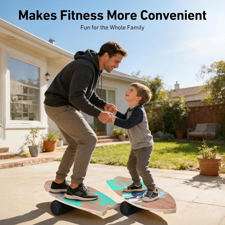 Balance Board mit Korkrolle 33cm, 75x28cm Surfboard Trainer aus Holz, Gleichgewichtsboard mit Stoppe