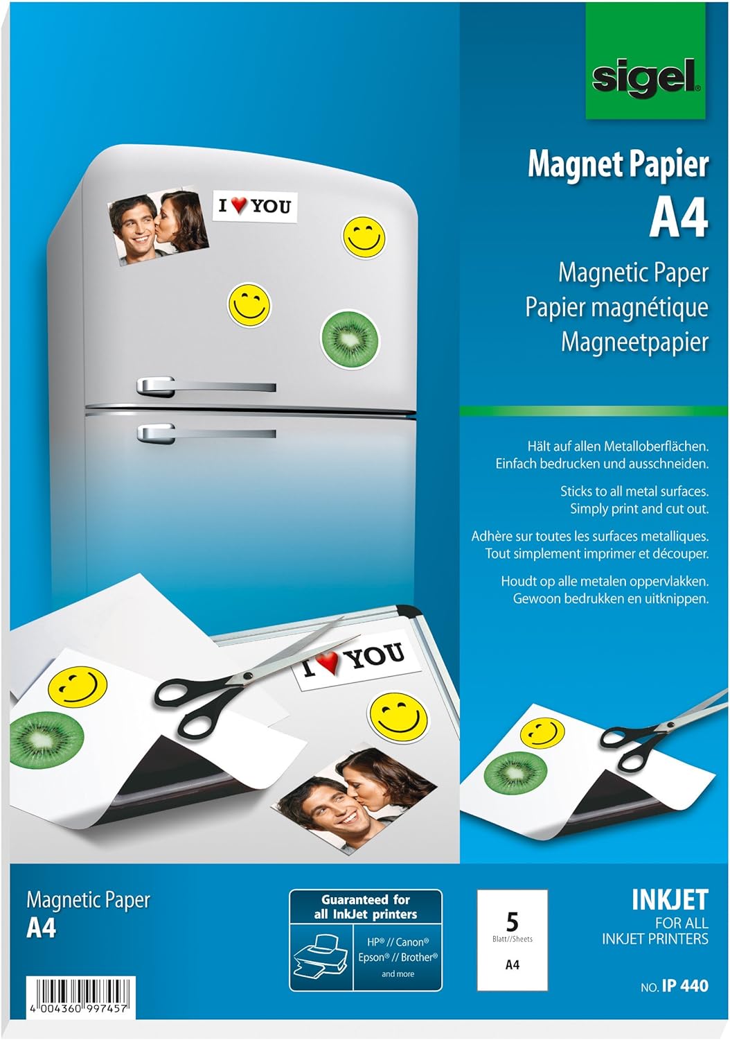 SIGEL IP440 bedruckbares Magnet-Papier / Magnetfolie für InkJet, A4, 5 Blatt, weiss