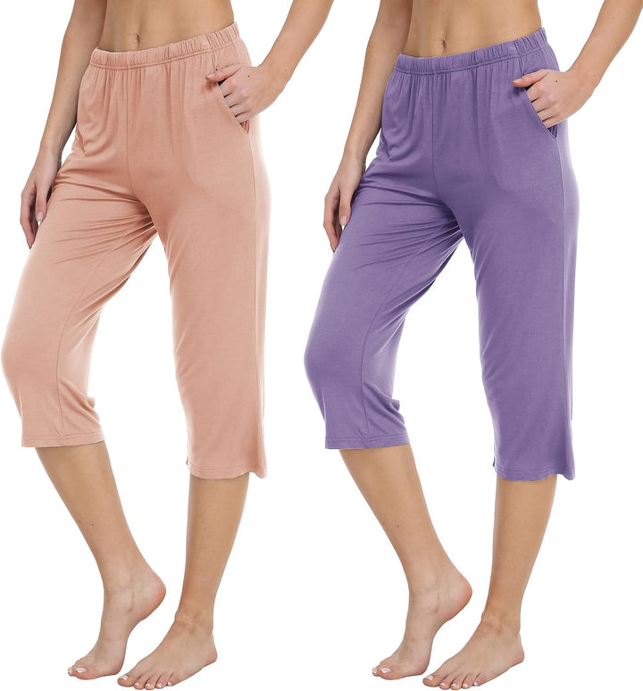 MoFiz Damen Schlafanzughose 3/4 Lang Schlafhose Modal Nachtwäsche Weich Pyjamahose Freizeithose mit