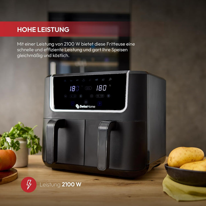 Z SwissHome DARK - Luftfritteuse 2100W - 2 Töpfe 3L - 8 Funktionen - LED-Touchscreen - Antihaftbesch