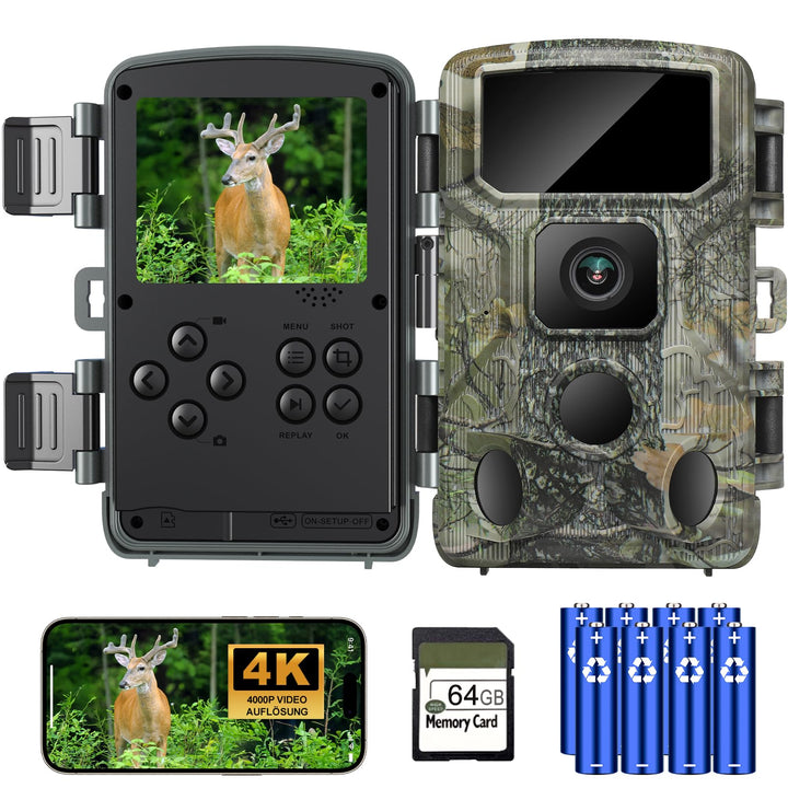 KJK Wildkamera WLAN 2.7K 64MP mit 64GB SD Karte, Wildtierkamera mit Nachtsicht, 0.05s Auslöser Beweg