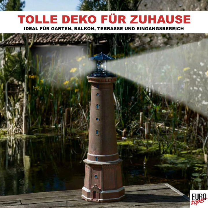 Solar-Leuchtturm Borkum aus Polyresin, LED Leuchtfeuer automatisch, wetterfest IP44, handbemalt, Gar