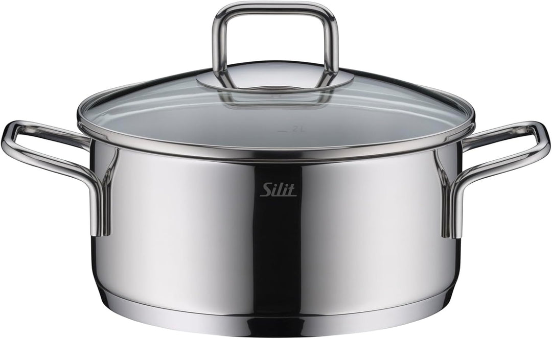 Silit Extra Cook, Bratentopf 20 cm mit Glasdeckel, Innenskalierung, breiter Schüttrand, hochwertiger