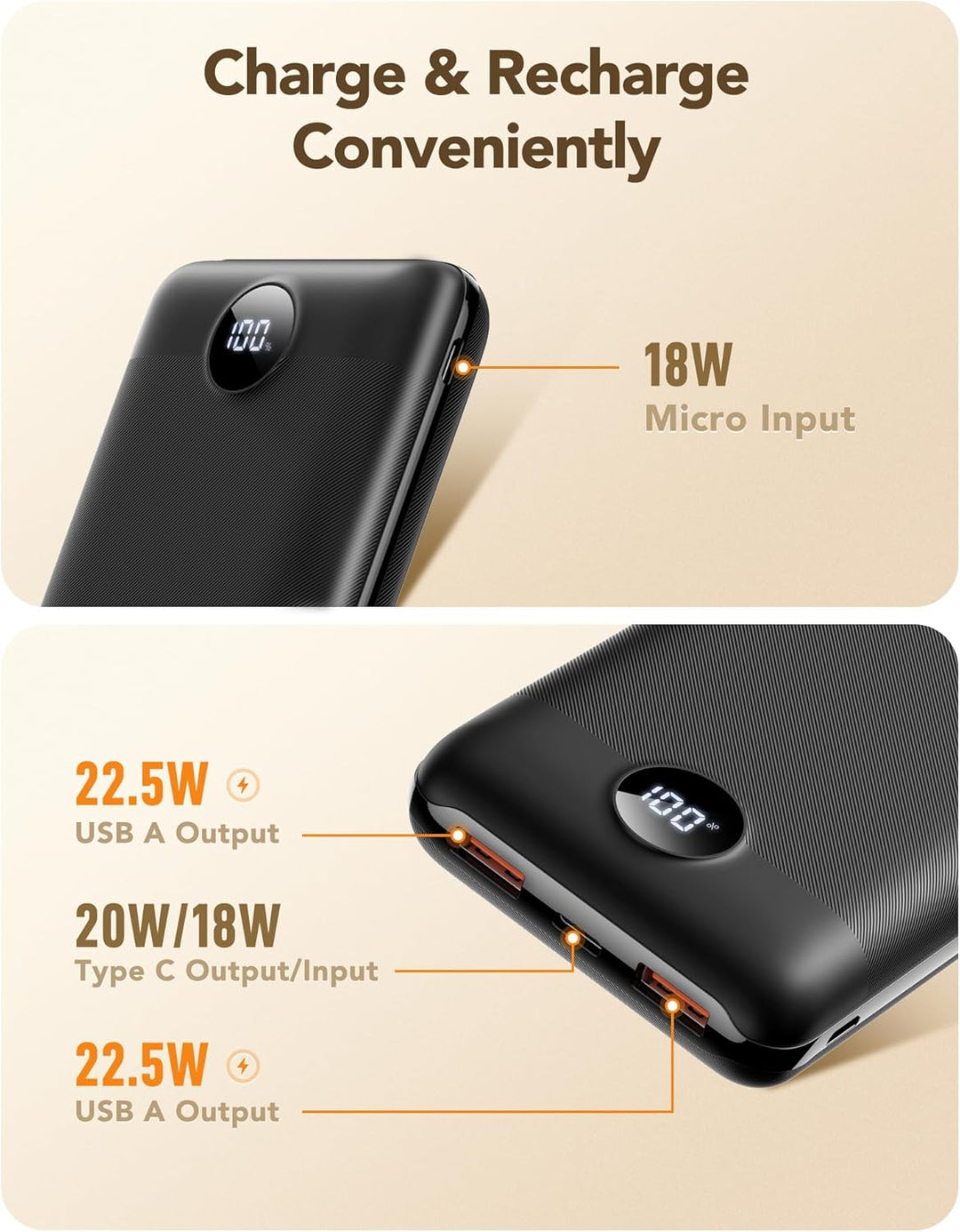 VEGER Power Bank 20000mAh klein 22.5W, Powerbank USB C Schnelles Aufladen Externe Handyakkus PD 3.0
