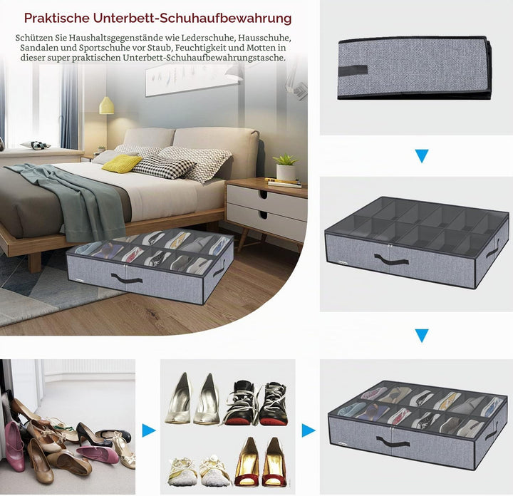 homyfort 2 Stück Unterbett-Kommode für Schuhe mit Durchsichtigem Deckel - Schuhaufbewahrungstasche S