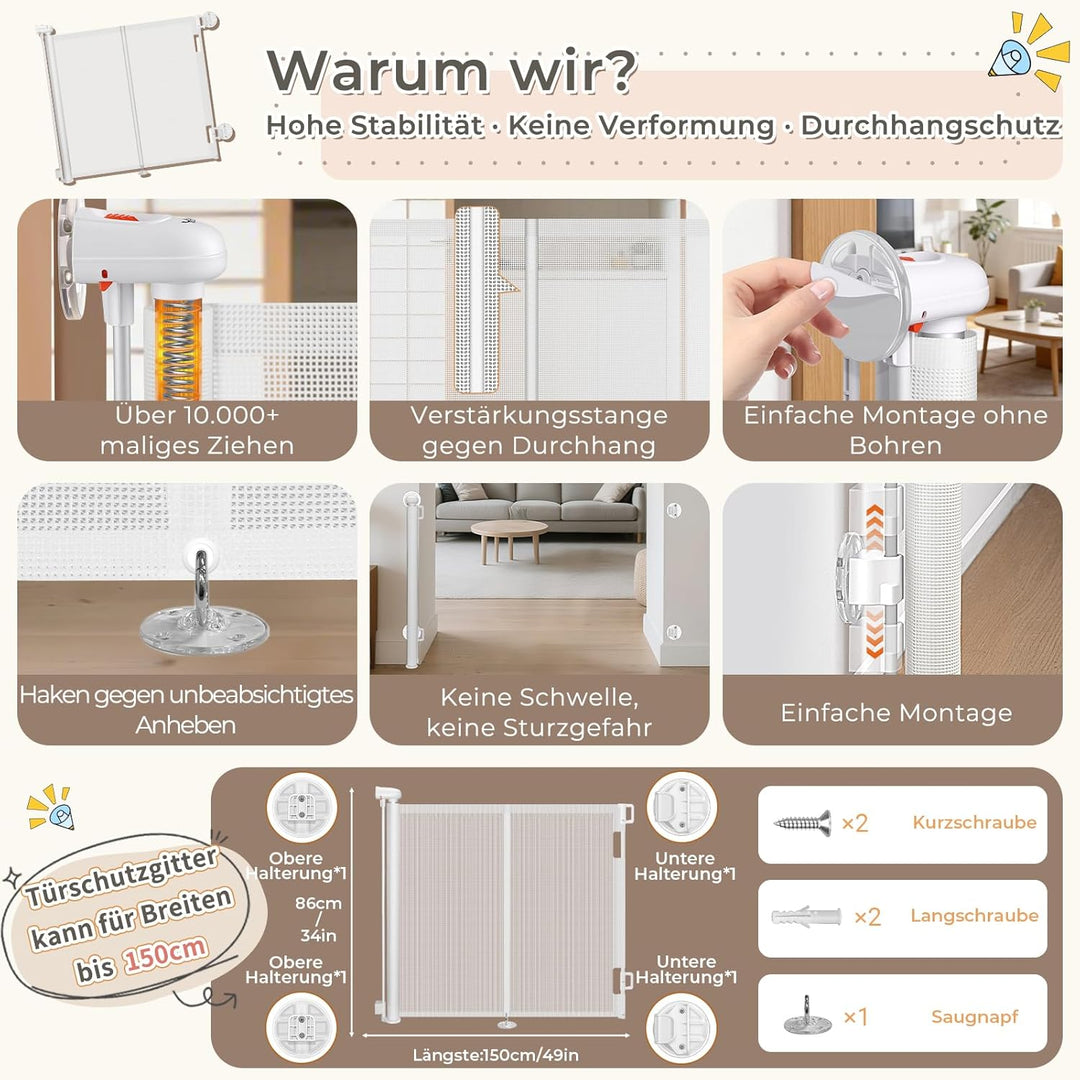 Ycozy Treppenschutzgitter Ohne Bohren 0-150cm Türschutzgitter Ausziehbar mit Stützstangen Treppensch