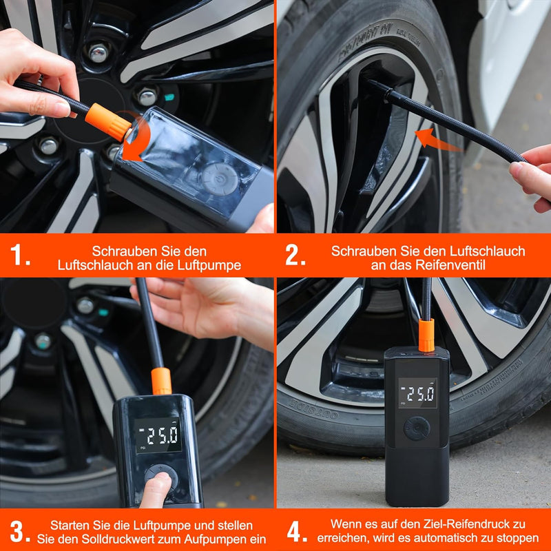 Elektrische Luftpumpe 150PSI Akku Luftpumpe mit 6000mAh Akku Tragbar Fahrradpumpe mit Digitale Anzei