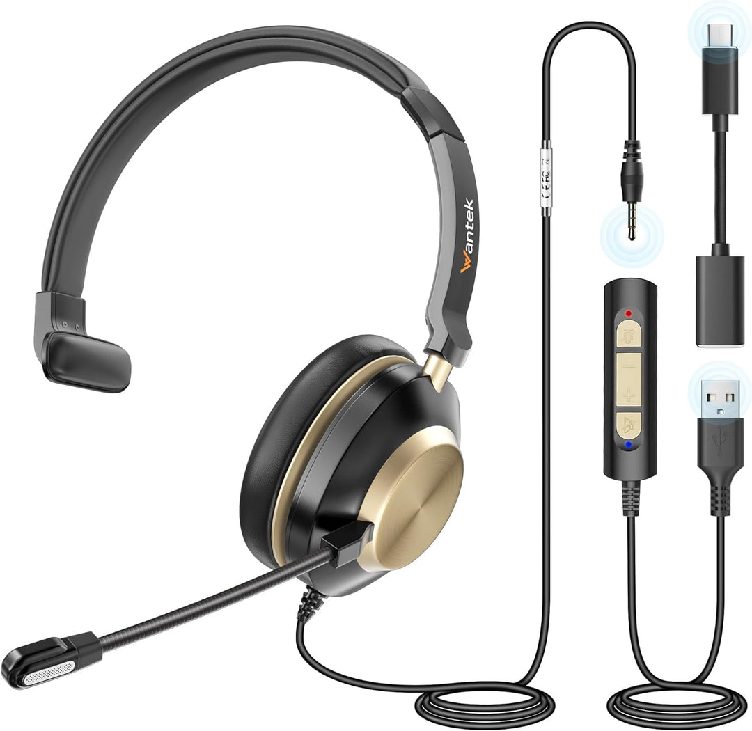 Wantek 881F Headset Mono mit Mikrofon Noise Cancelling und USB A 3,5mm Stecker Typ C auf A Adapter f