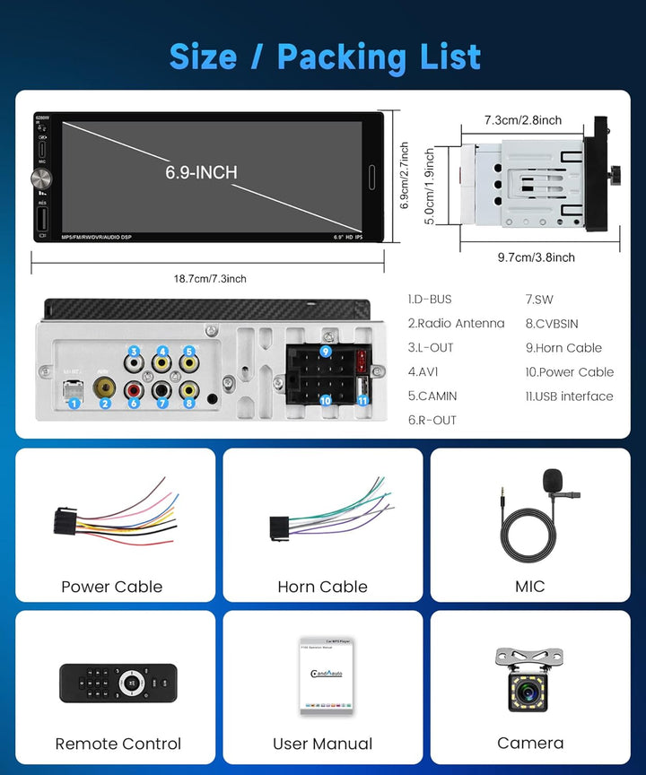 Rimoody Autoradio 1 Din mit Wireless Carplay Android Auto, 6.9 Zoll 1 Din Autoradio Bluetooth Kompat