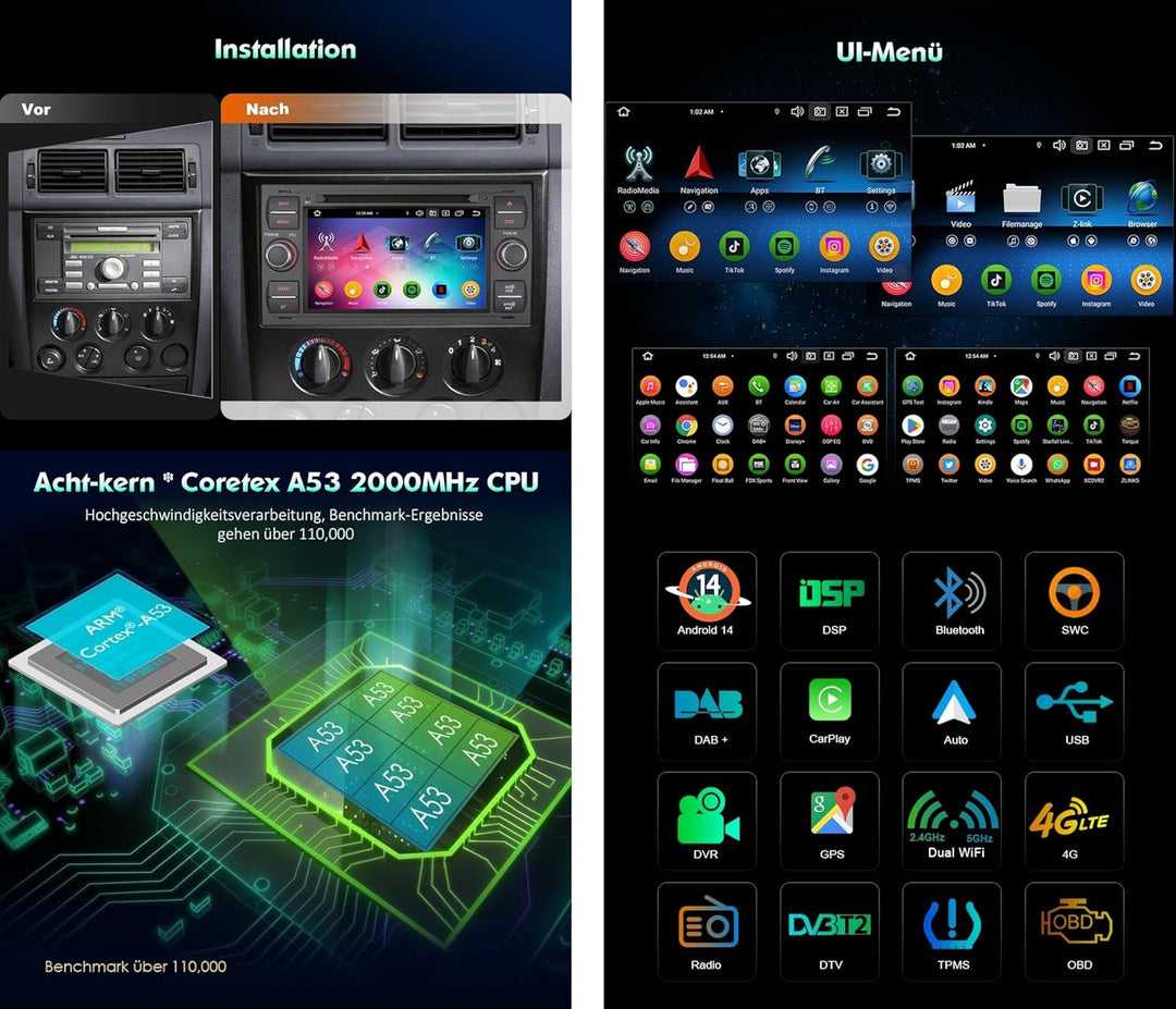 Erisin Android 14 4GB RAM+64GB ROM 8-Kern DVD Autoradio GPS Navi für Ford C-Max S-Max Focus Galaxy K