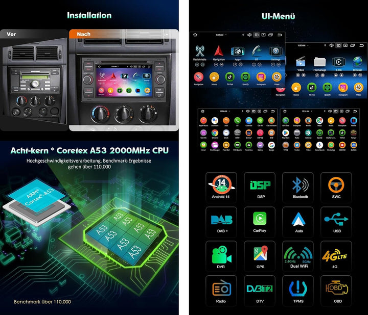 Erisin Android 14 4GB RAM+64GB ROM 8-Kern DVD Autoradio GPS Navi für Ford C-Max S-Max Focus Galaxy K