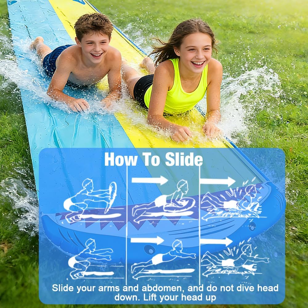 Mineup Wasserrutsche Garten, 480 x 140cm Wasserrutschmatte mit 2 Bodyboards, Doppelrutsche mit Einge