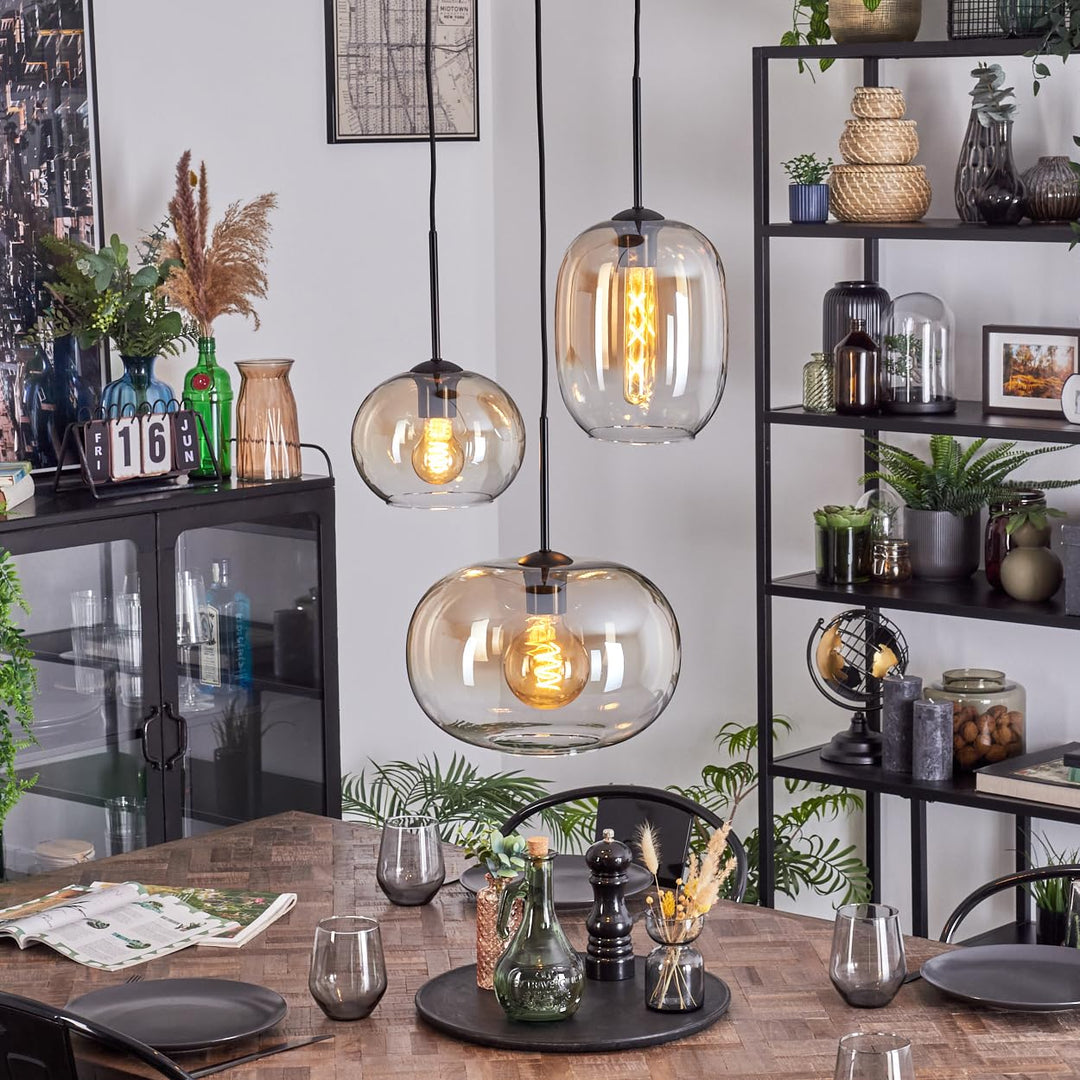 HOFSTEIN Hängeleuchte Apedo, 3-flammige Hängelampe aus Metall/Glas in Schwarz/Bernstein/Klar, modern