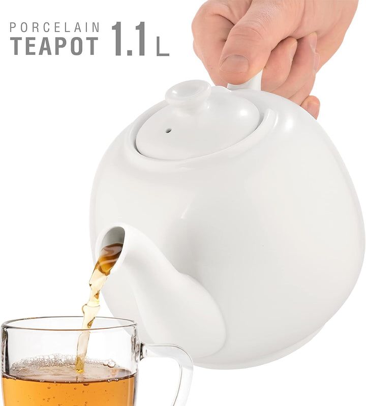 Teekanne Swansea Weiss 1,1 L Porzellan Teekanne für Teebeutel, tropffrei, Teapot Englisch grosse Por