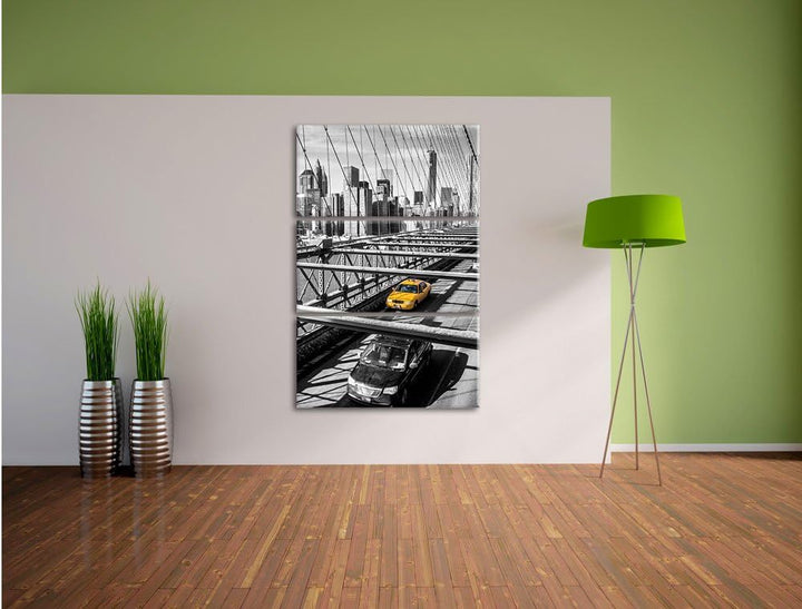 Pixxprint Gelbes Taxi in New York auf Brücke 3-Teiler Leinwandbild 120x80 Bild auf Leinwand