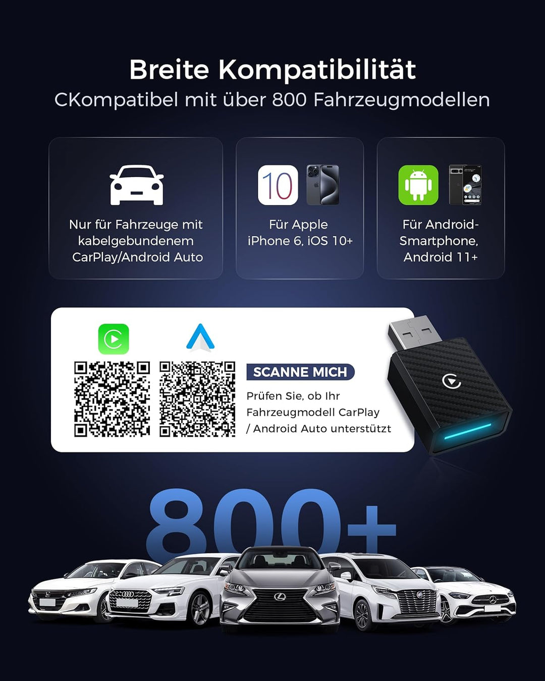CarPlay und Android Auto Wireless Adapter 2 In 1, V5.4 Bluetooth Stabile Verbindung, Dualband WiFi 6