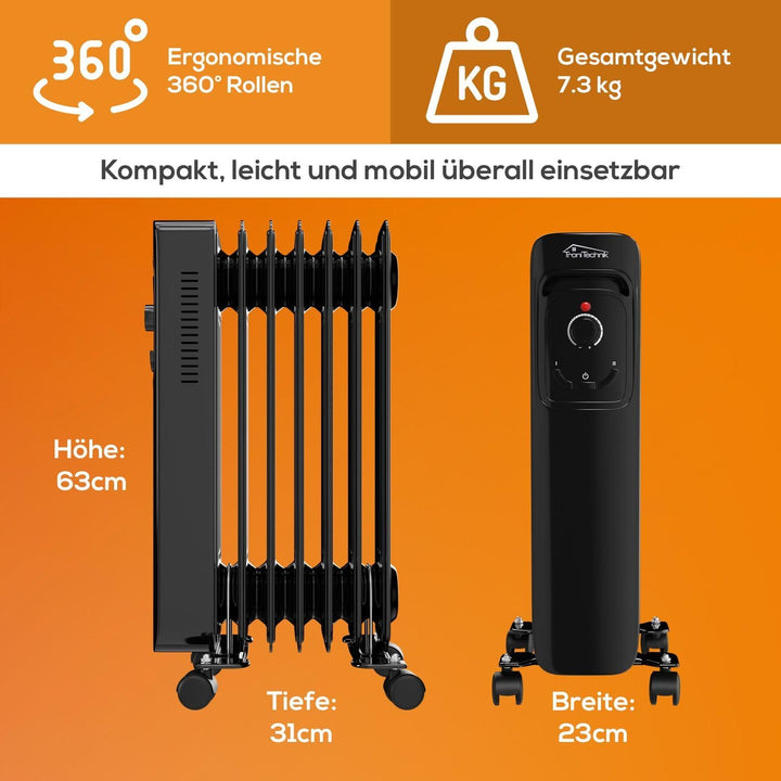 TroniTechnik® Ölradiator OR-207 7 Rippen 1500 W schwarz | 3 Heizstufen, Thermostat, Überhitzungsschu