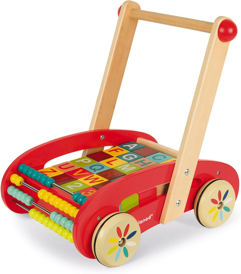 Janod - Tatoo Abc Buggy Wooden Walker for Children - 30 Blocks Included - For children from the Age