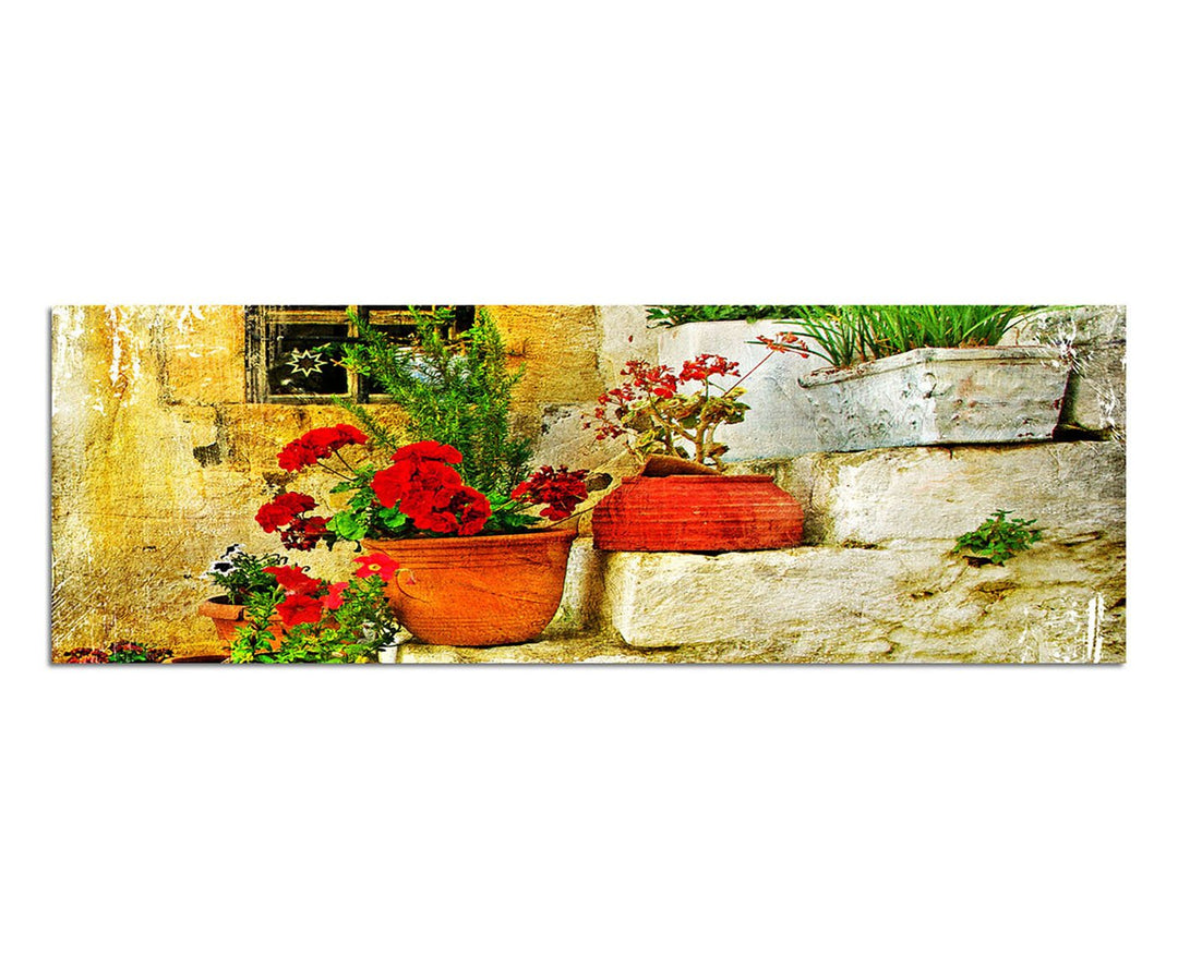 Paul Sinus Art Panoramabild auf Leinwand und Keilrahmen 150x50cm Steinhaus Treppe Blumen Griechenlan