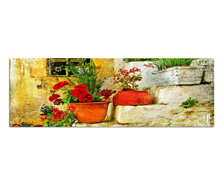 Paul Sinus Art Panoramabild auf Leinwand und Keilrahmen 150x50cm Steinhaus Treppe Blumen Griechenlan