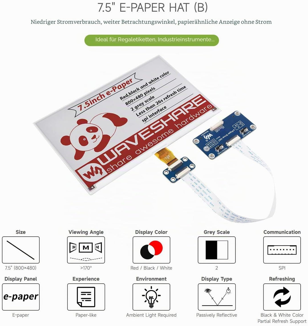 Waveshare 7.5inch E-Paper Display HAT (B) Module 800x480 Resolution 3.3v E-Ink Electronic Screen SPI
