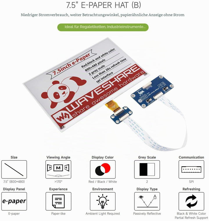Waveshare 7.5inch E-Paper Display HAT (B) Module 800x480 Resolution 3.3v E-Ink Electronic Screen SPI