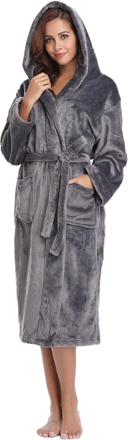 Vlazom Winter Bademantel weicher Flanell Bademantel Damen Saunamantel mit Kapuze Flauschiger Morgenm