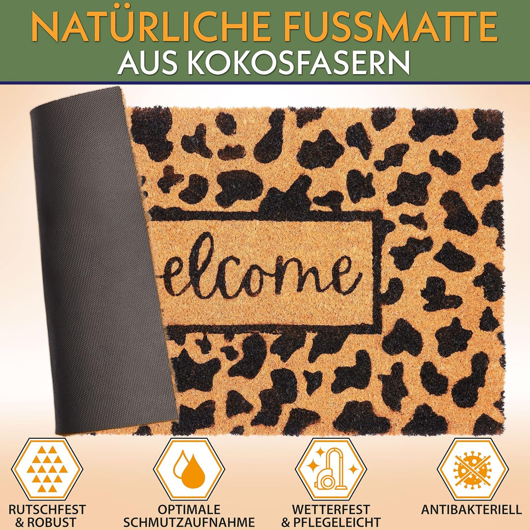 BRUBAKER Fussmatte für Aussen und Innen - Welcome mit Leopardenmuster - 45 x 75 cm Schmutzfangmatte