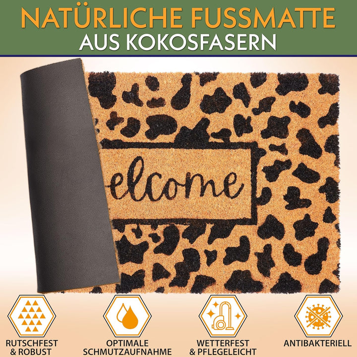 BRUBAKER Fussmatte für Aussen und Innen - Welcome mit Leopardenmuster - 45 x 75 cm Schmutzfangmatte