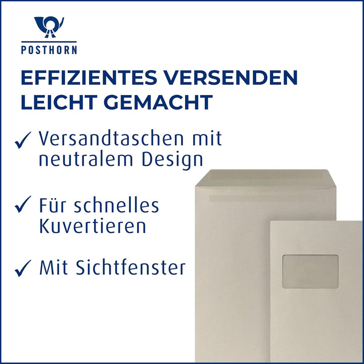 POSTHORN Versandtasche C4 (250 Stück), selbstklebende Versandtaschen mit Fenster, Blauer Engel zerti